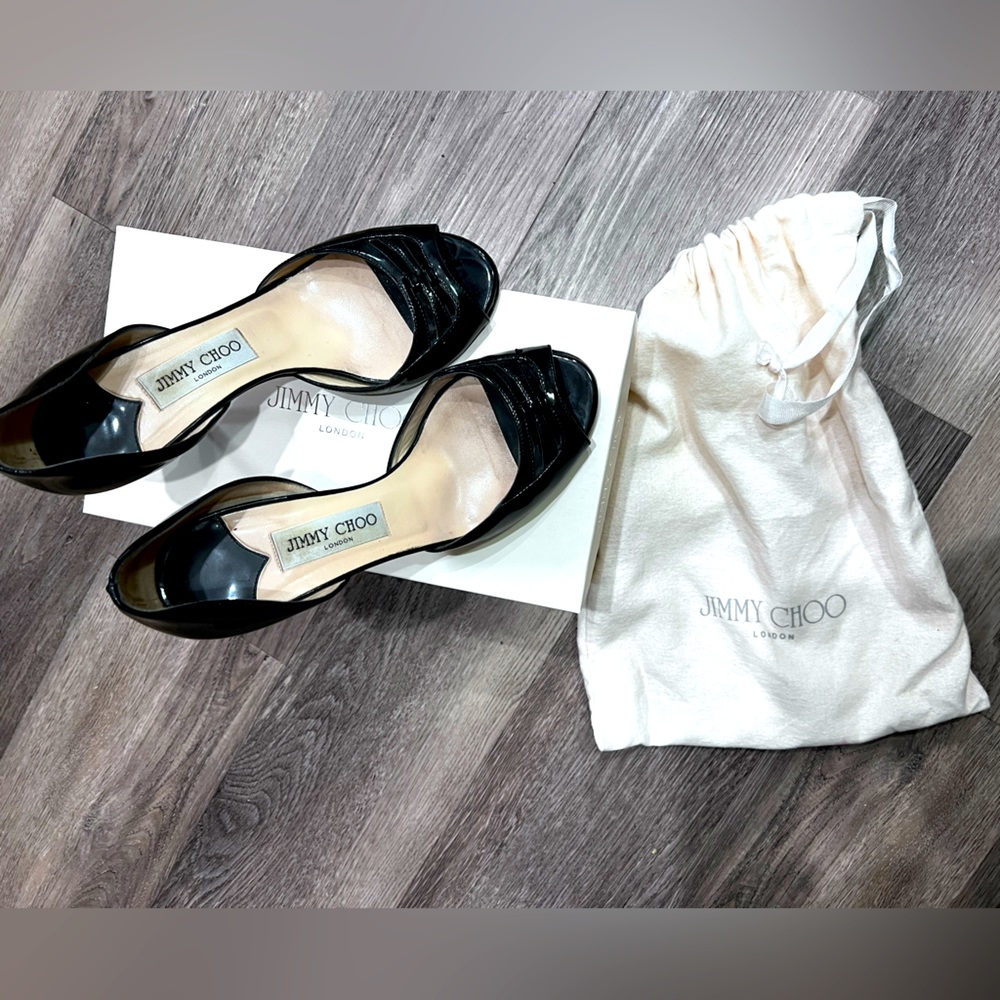 Jimmy Choo Aura Peep-toe Patent Leather Black Size 8 with Dust Bag